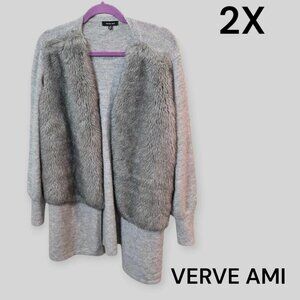 Verve Ami Womens Faux Fur  Open Cardigan Gray Sweater Long Sleeve Plus 2X